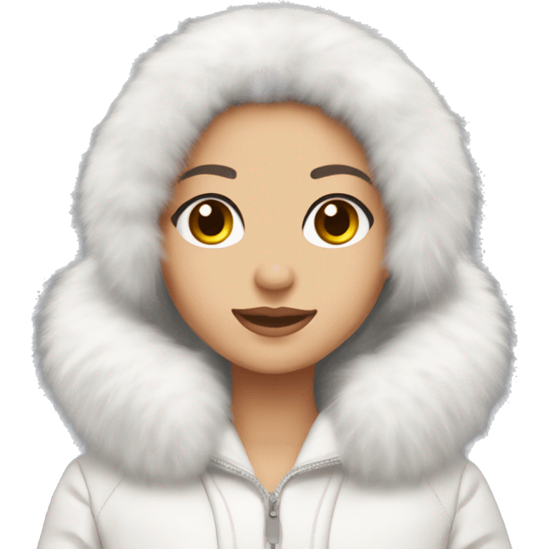 brunette girl with long hair with a light  skin color and light grey eyes wearing fluffy white ear muffs and a white fur coat  emoji