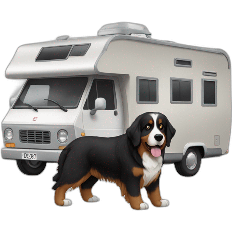 bernese mountaind dog in a camper with a brown hair woman and grey hair man grey emoji