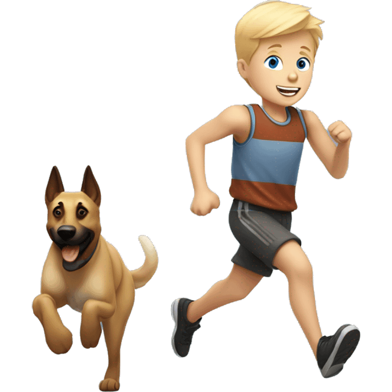 blond boy with blue eyes running with his malinois dog emoji