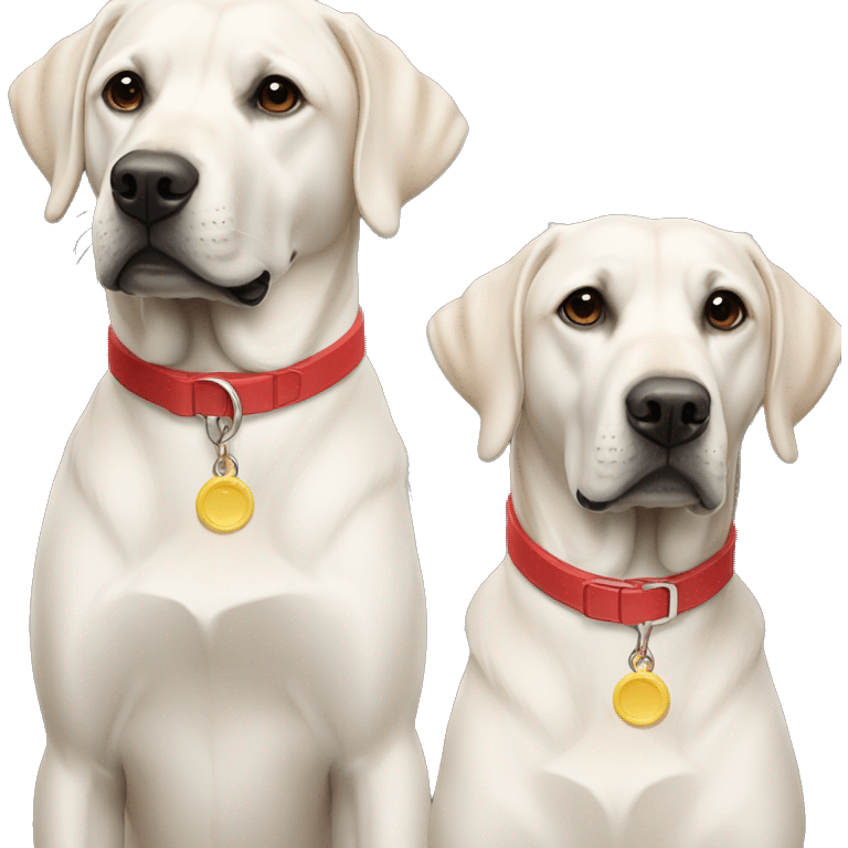 2 labradors, colour black. one on the left smaller. The dog on left with a light blue collar. dog on right with red collar. emoji