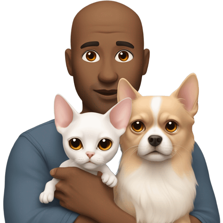 White, bald man is holding a grey, small sphinx cat and woman with dark, straight hair is holding orange, fluffy Pomeranian dog emoji