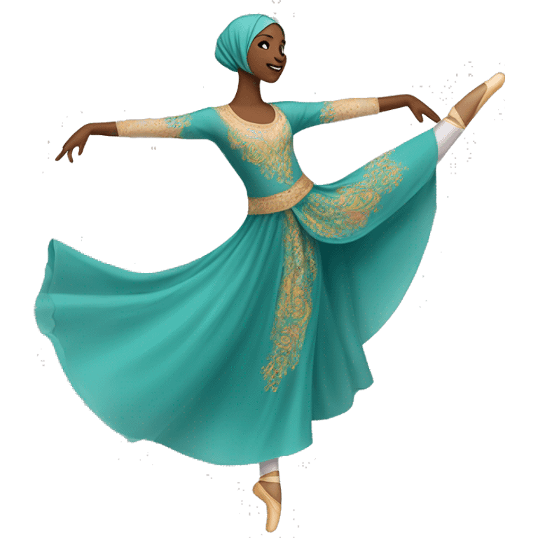 A hijabi ballet dancer emoji, mid-pose in an arabesque, wearing a flowing ballet dress and matching hijab, with delicate ballet slippers, vibrant colors, and intricate details on a transparent background.







 emoji