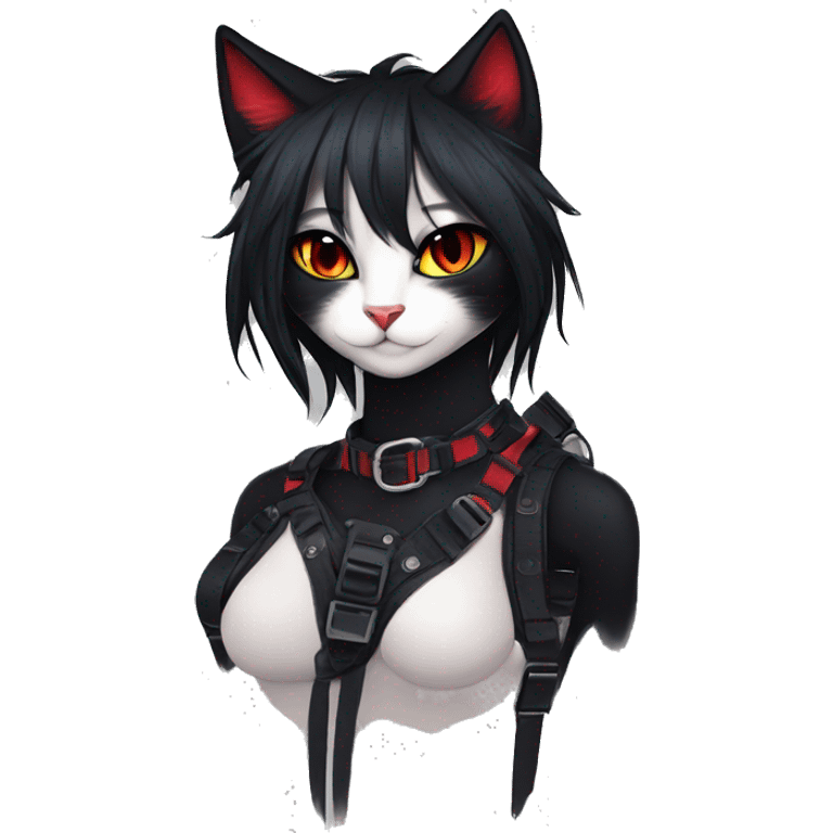 Anthro Edgy Cool Beautiful Black Cat-Fursona with Emo Hair-bangs with Red Streaks Chest Harness emoji