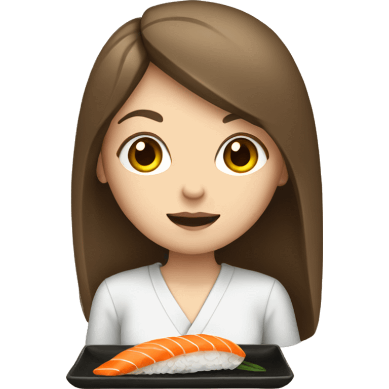 White girl with brown long hair eating sushi emoji