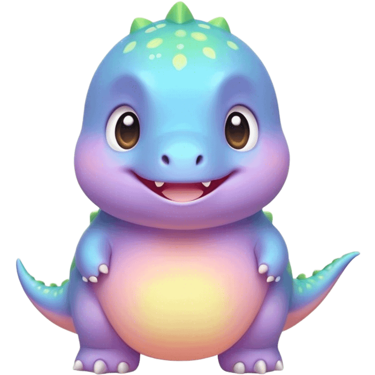 Cinematic tiny pastel dinosaur, chubby round body, tiny feet, big sparkling eyes, soft glowing colors, happy and friendly expression, radiating warmth. emoji