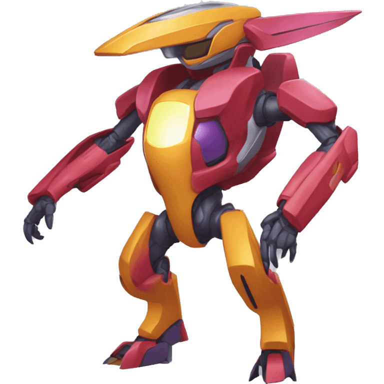 a Genesect-Raptor-Fakémon-Medabot-—hybrid with a futuristic visor-helmet full body emoji