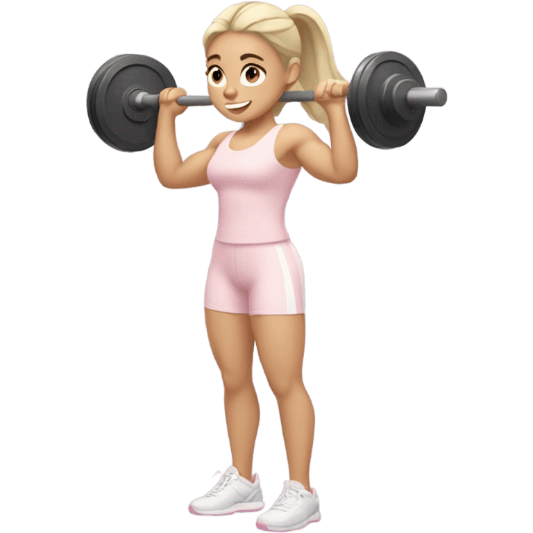 caucasian girl with pale pink gym outfit lifting weights emoji