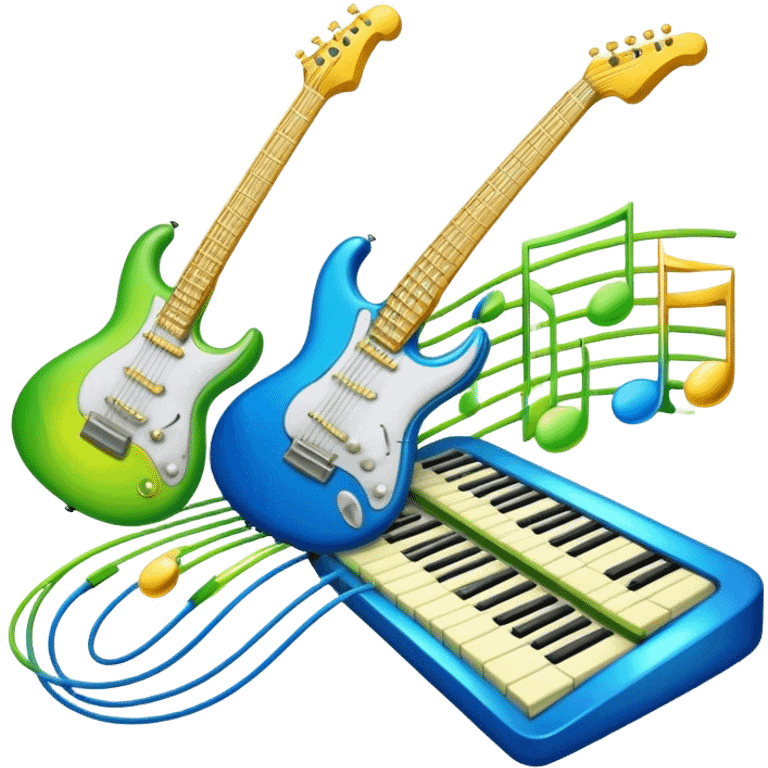 Create an artistic and vibrant emoji that represents music arrangement and orchestration. The design should feature musical notes, a synthesizer, drums, and an electric guitar, symbolizing the fusion of different instruments in an arrangement. Include subtle details like flowing lines to represent harmony between instruments, and integrate sheet music in the background. Use a dynamic mix of colors like electric blue, neon green, and gold to evoke both the classical and modern elements of music. The background should be transparent, with elements that show the blend of creativity and musical structure. emoji