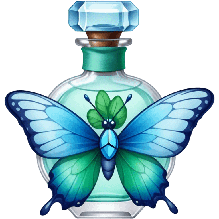 A glass perfume bottle with a soft blue ribbon tied around its neck, with a green and blue butterfly nearby. emoji