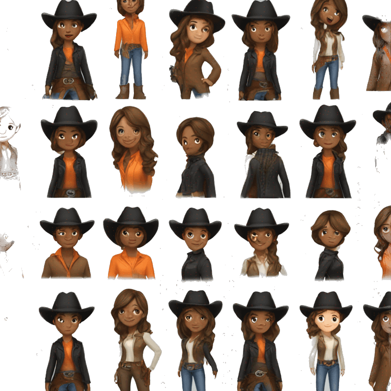 cowgirl straight brown hair, black hat, orange burn coat emoji