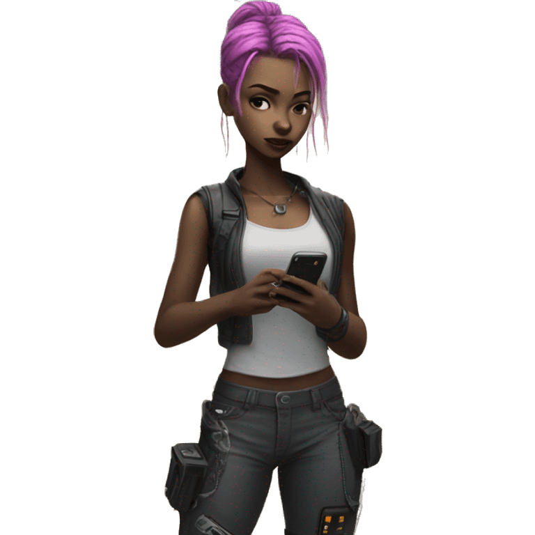 Cyberpunk girl standing with phone on the farm emoji