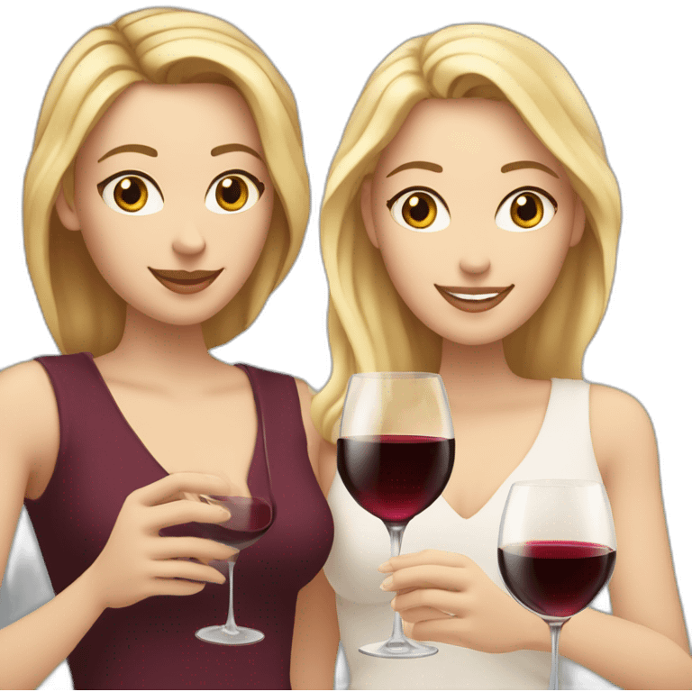 White woman with brown hair and brown eyes toasting with a red wine together with white woman with blond hair and blue eyes with red wine emoji