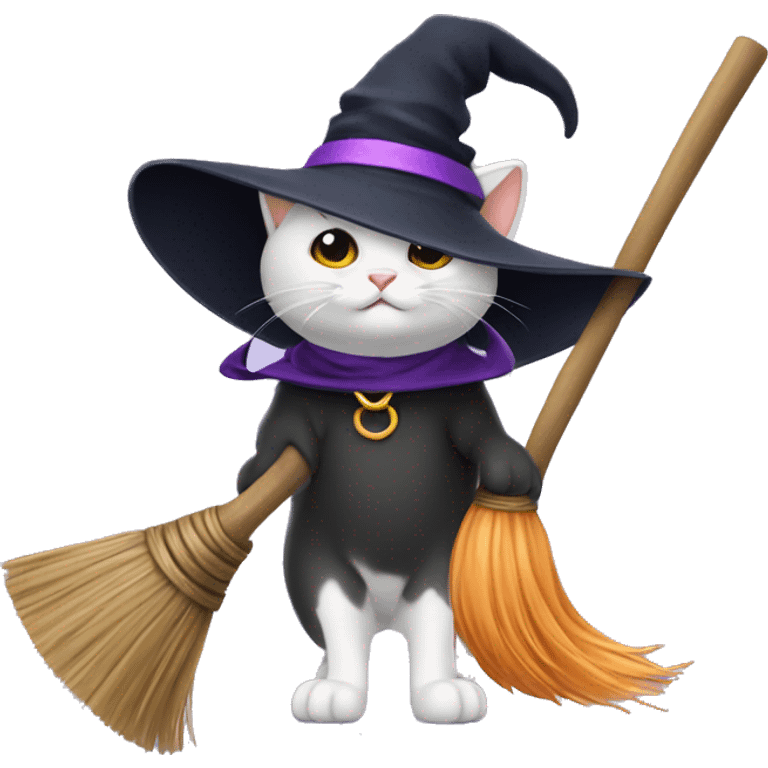 Cute cat with a witch hat and broom emoji