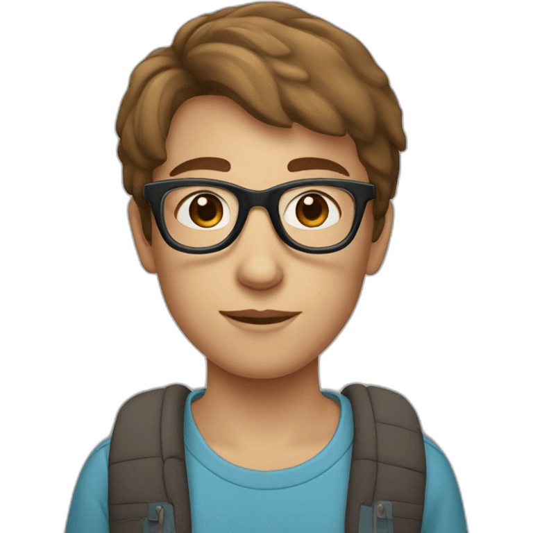 Teenager with brown short hair , transparent glasses, blue eyes emoji