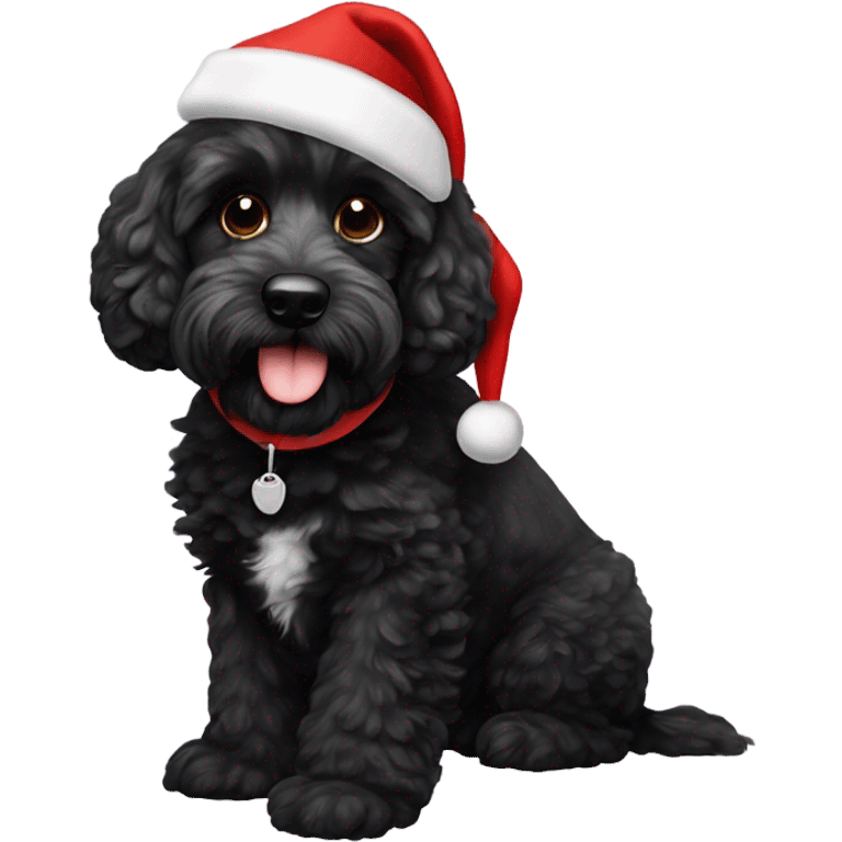 Black cockapoo called Theo, wearing a Santa hat emoji