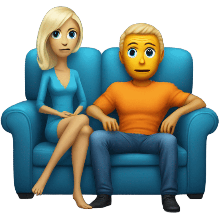 blonde alien reptilian woman in orange dress and humman man in blue, sitting on a couch  emoji