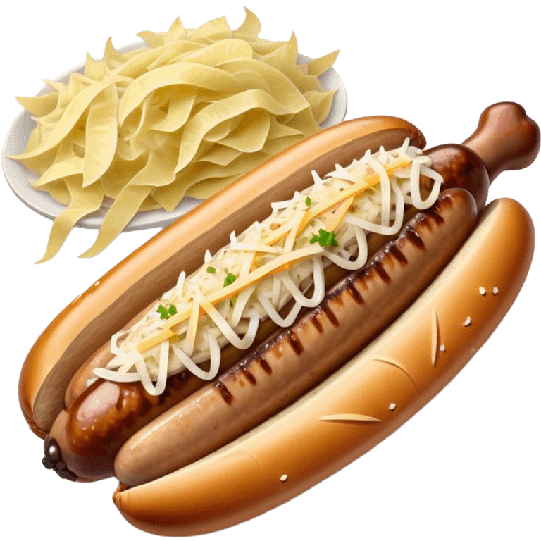 Bratwurst Cinematic Realistic Bratwurst Dish Emoji, depicted as a grilled bratwurst topped with a generous serving of shredded sauerkraut, rendered with rich textures and dynamic, appetizing lighting. emoji