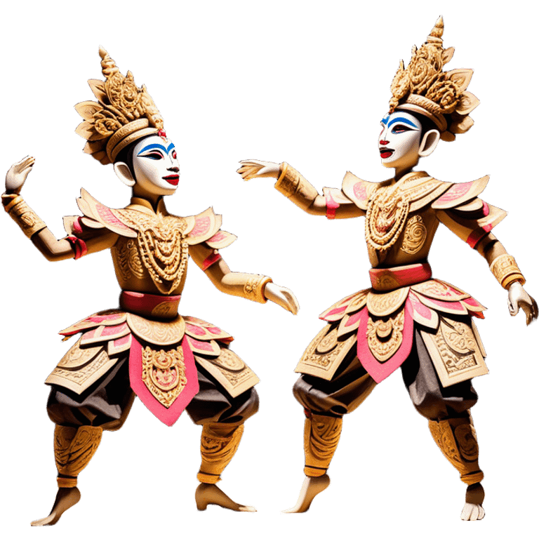 ​Cinematic Realistic Wayang Golek Ayun-ayun Dancers, depicted as intricately carved traditional wooden puppets in dynamic dance poses, adorned with vibrant painted details and expressive features, set against a softly lit stage that evokes centuries of Indonesian cultural heritage, rendered with lifelike textures and dramatic atmospheric lighting, emoji