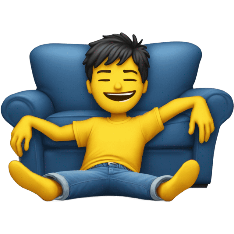 A person lying on a sofa, legs crossed with hands behind the head, relaxing in a cozy setting, yellow emoji color skin, Ed Hardy t-shirt, blue jeans emoji