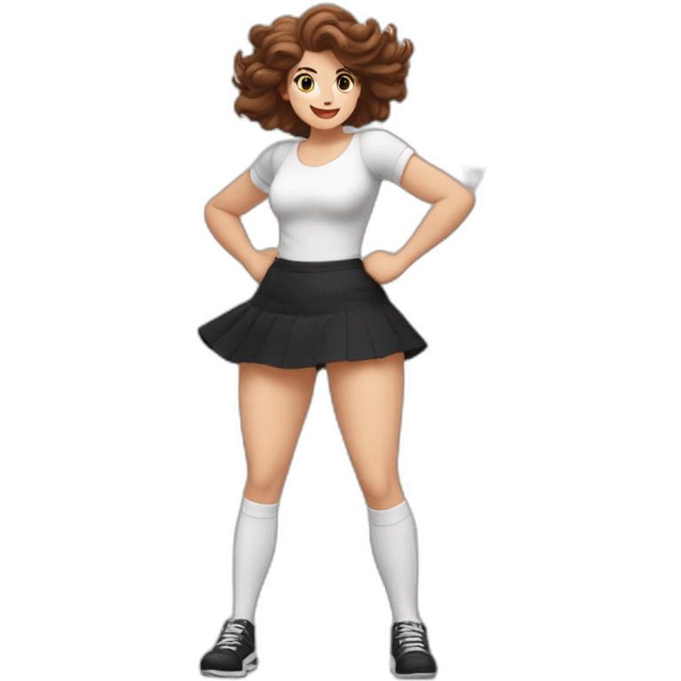 full-body-caucasian-curvy-beauty-jumping-short-black-skirt-back-and-front-views-strong-wind-white-knickers-long-white-socks emoji