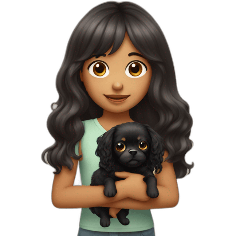 young girl with long wavy hair and bangs holding her little black chichuachua dog emoji