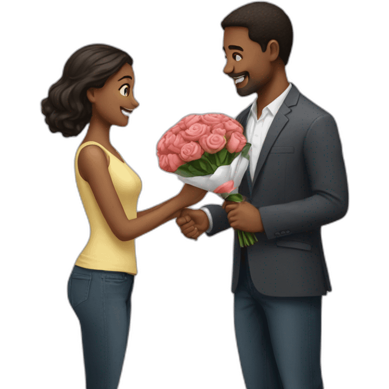 A man holding a bouquet and proposing a girl emoji