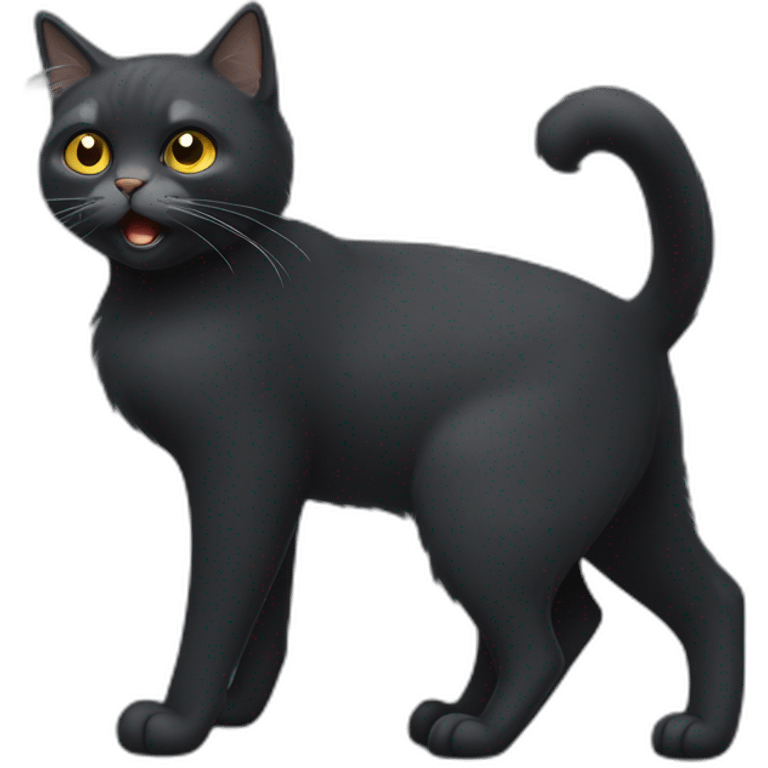 Full body Fat Russian black grey cat with golden eyes and a white lock of hair on his chest,  of hasitting and meowing  emoji