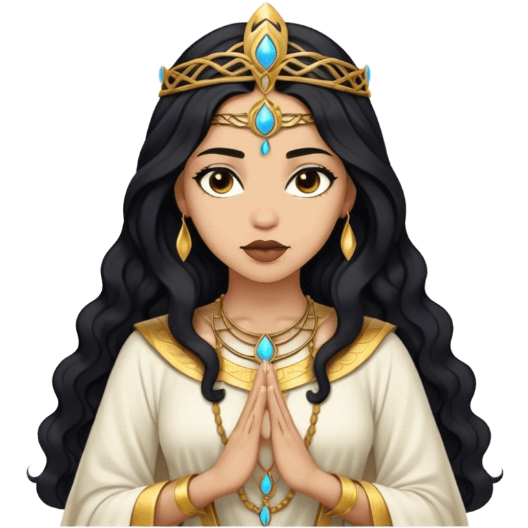 light skin woman, wavy black half long hair, looking like a high priestess emoji