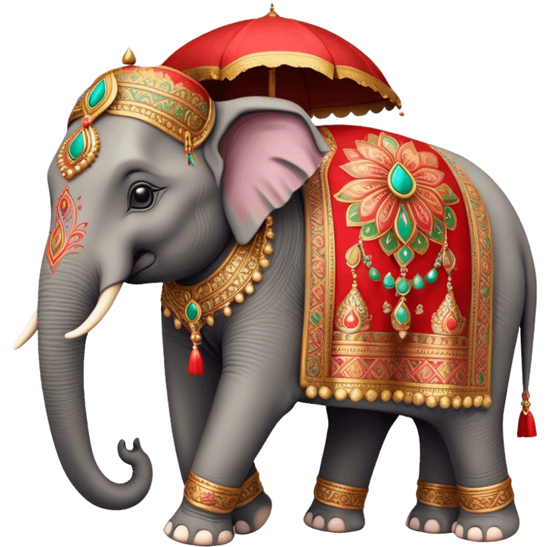 Decorated Indian elephant – Cinematic Realistic Decorated Indian Elephant, depicted as a majestic elephant adorned with vibrant, ornate ceremonial decorations and rich, colorful fabrics, set against a festive Indian backdrop with warm golden lighting that highlights its cultural significance. emoji