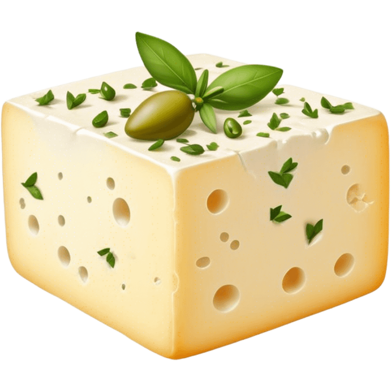 Cinematic Realistic Feta Cheese Dish Emoji, depicted as a block of crumbly, tangy cheese garnished with olive oil and herbs rendered with lifelike detail and soft natural lighting. emoji