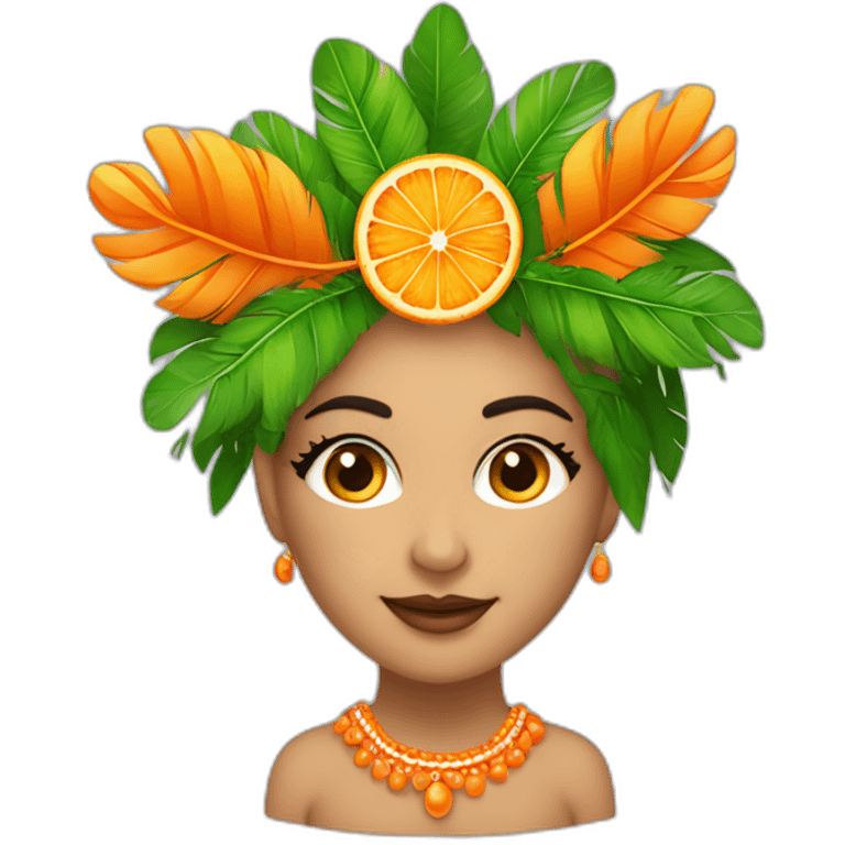 reina de carnaval disfrazada de mandarina con plumas emoji