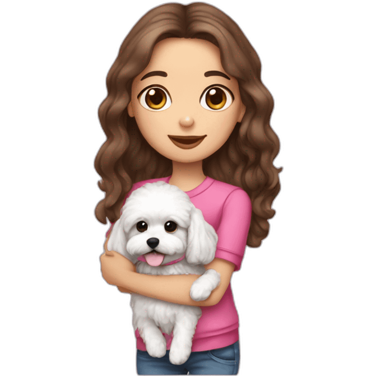 girl brunette with long hair hold on the hand, dressed small white puppy girl maltipoo with pink collar emoji