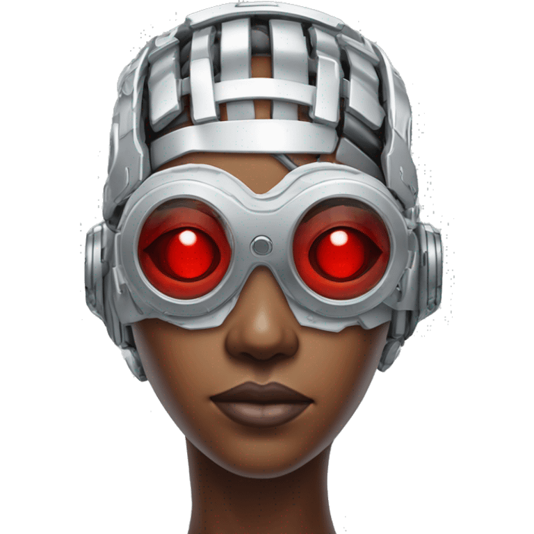 Red skin female cyborg head with silver goggles, silver circuits emoji