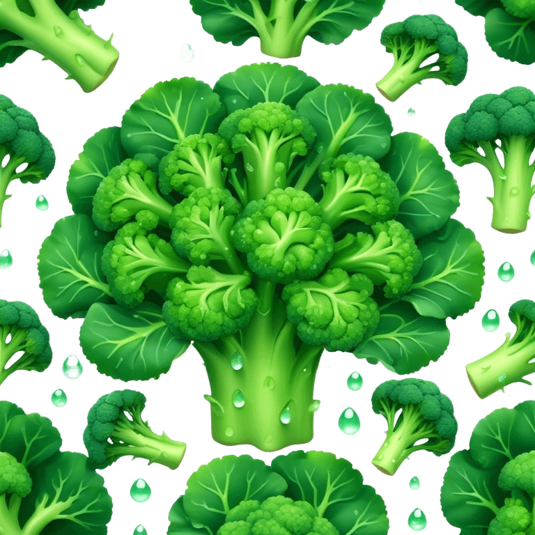 Cinematic lush green broccoli, detailed florets glistening with dewdrops, ultra-fresh and vibrant, soft glowing background, healthy and delicious. emoji