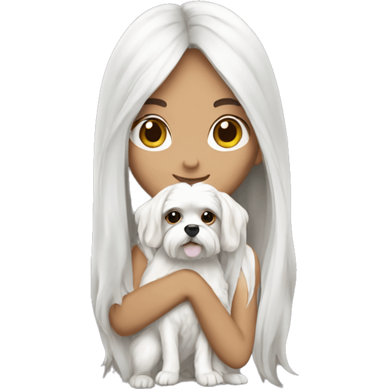 Brunette girl long hair holding a white  Maltese dog emoji