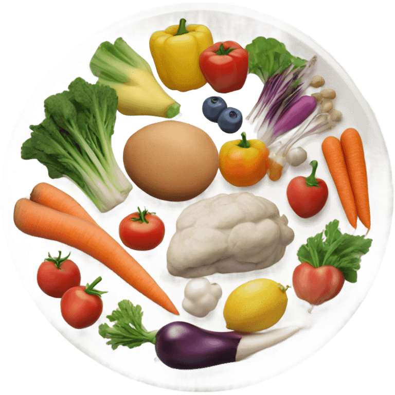 a large white round plate of realistic healthy food emoji