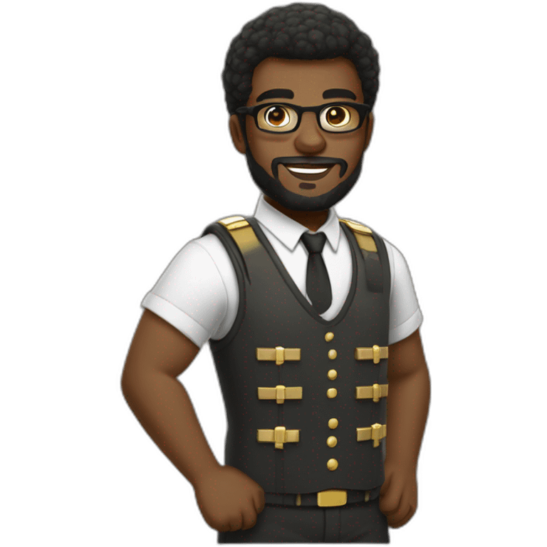 black soldier with beard, part in hair, white collared shirt, bow tie, gold glasses, bulletproof vest  emoji