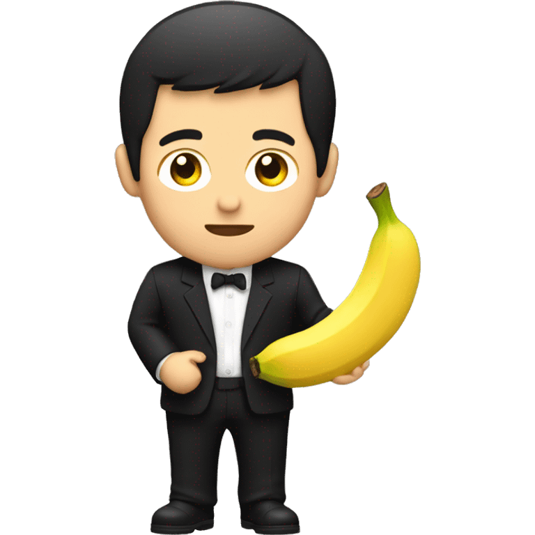 An Asian man in a black suit and black shirt with a banana in his hand is eating it emoji