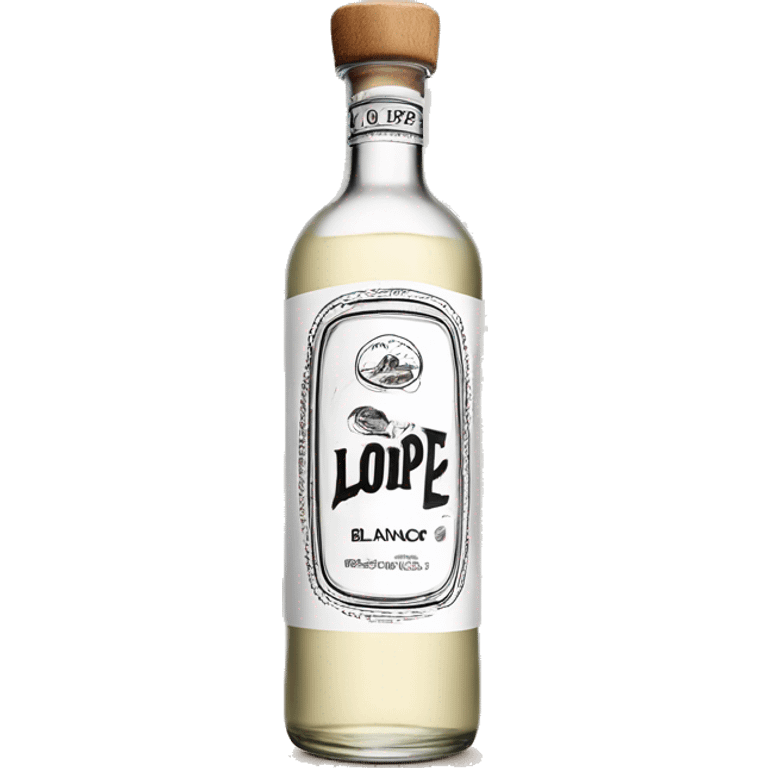 Long clasic cylindrical tequila blanco bottle with the text "lopez" written in the middle of the label and a light wood cap emoji