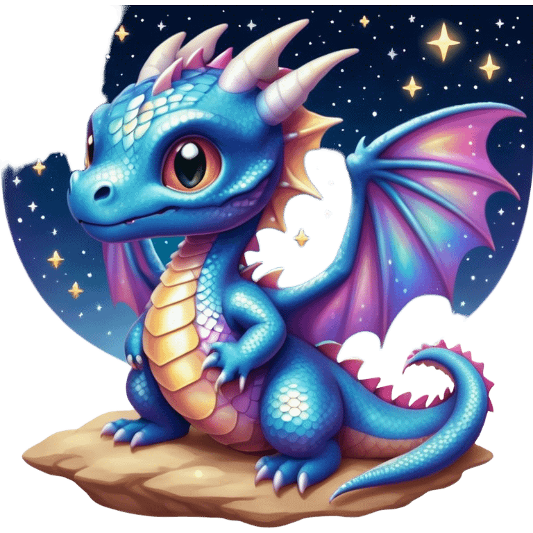 Airbrush painted image of a dragon hatchling under a deep galactic sky with pearlescent scales and wings spread against the stars emoji