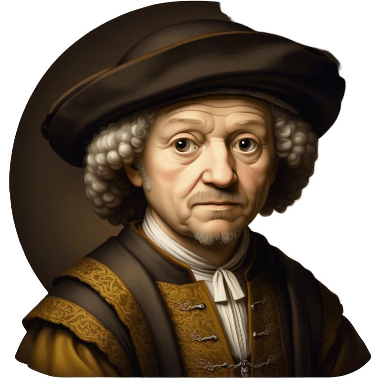 Cinematic Realistic portrait of Rembrandt, shown as a master artist with deep, introspective eyes and richly detailed period clothing, rendered with dramatic chiaroscuro lighting that emphasizes his legacy emoji