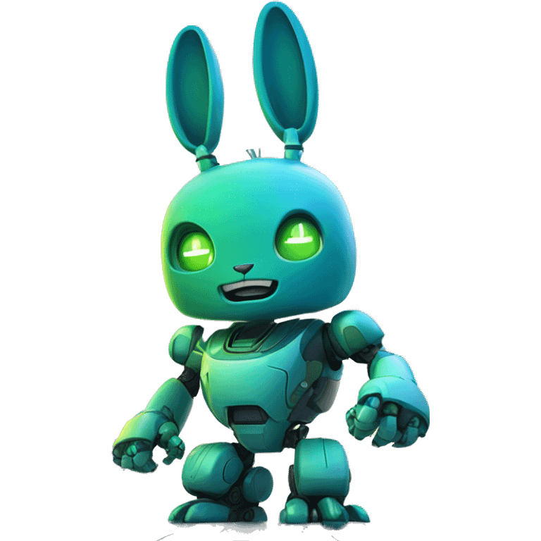  blue and green robot rabbit in a futuristic cityscape, with its fist raised against a backdrop of skyscrapers. emoji