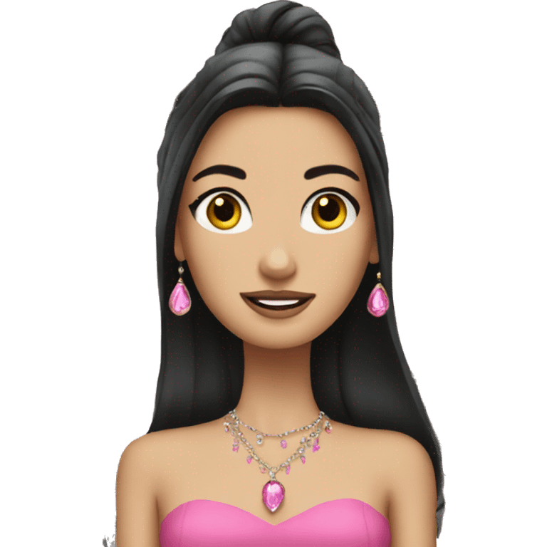 White girl with black long hair wearing a pink dress with jewelry  emoji