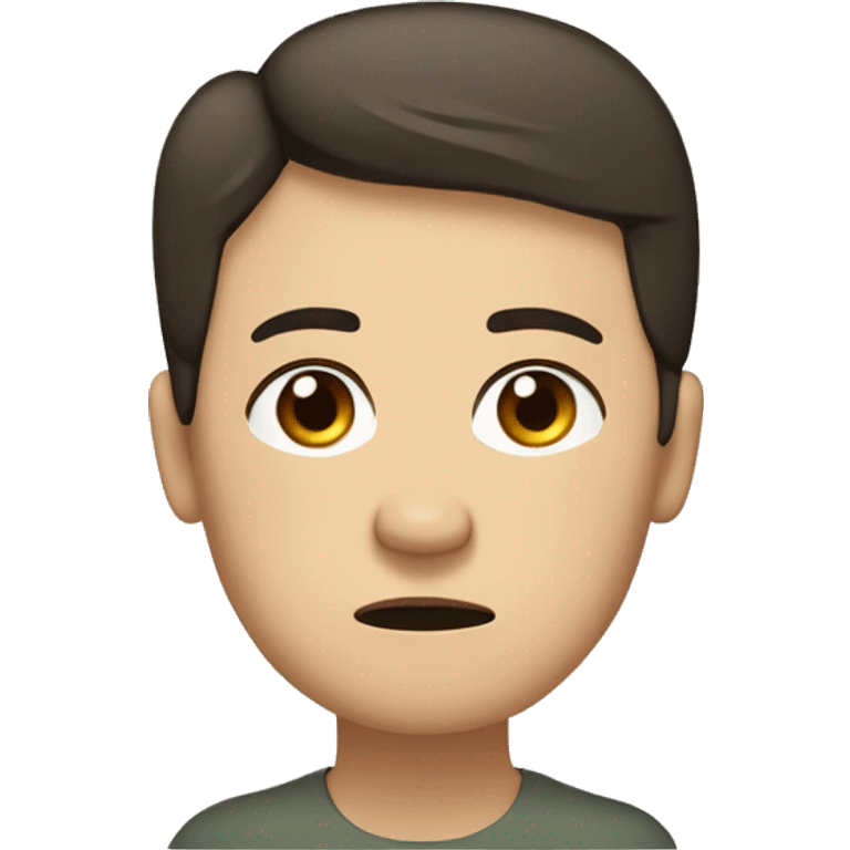 Emoji of a person with short dark brown hair, brown eyes, pale olive skin, and a stressed expression. Sweat on forehead, furrowed eyebrows, and pursed lips. Minimalist drawing style emoji