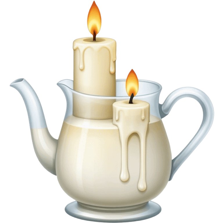 Candle making icon, candle with a wick, melting wax, wax blocks, pouring jug, wick holder, minimalistic style, clean lines, transparent background. emoji