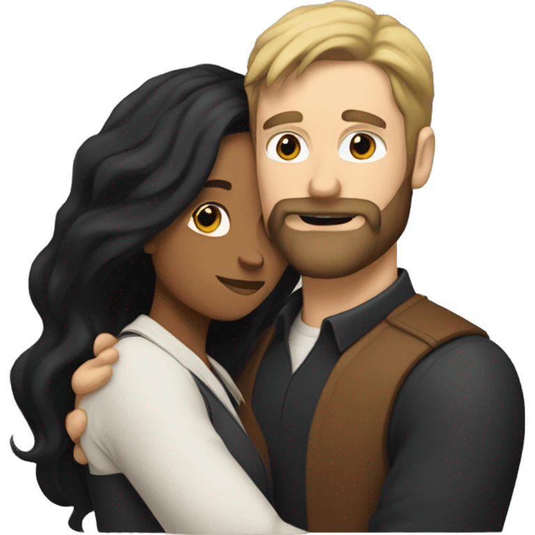 White man with black beard and long hair hugging brown woman with black hair  emoji