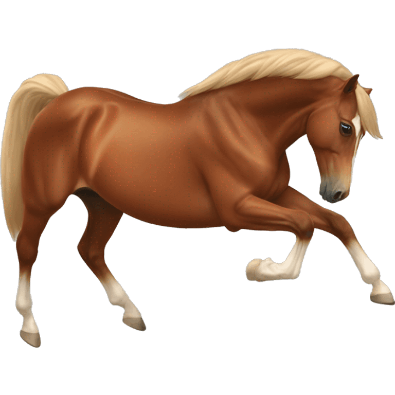 A chestnut horse with chestnut mane and tail a white stirs on its and and it jumping over a jump emoji