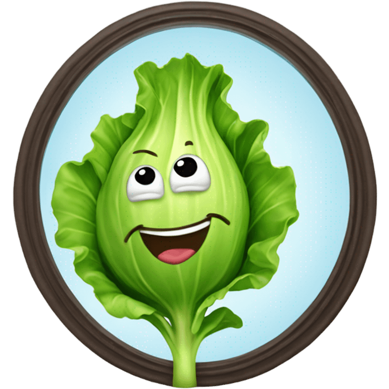 lettuce with a happy face holds a mirror in his hand and looks at it emoji