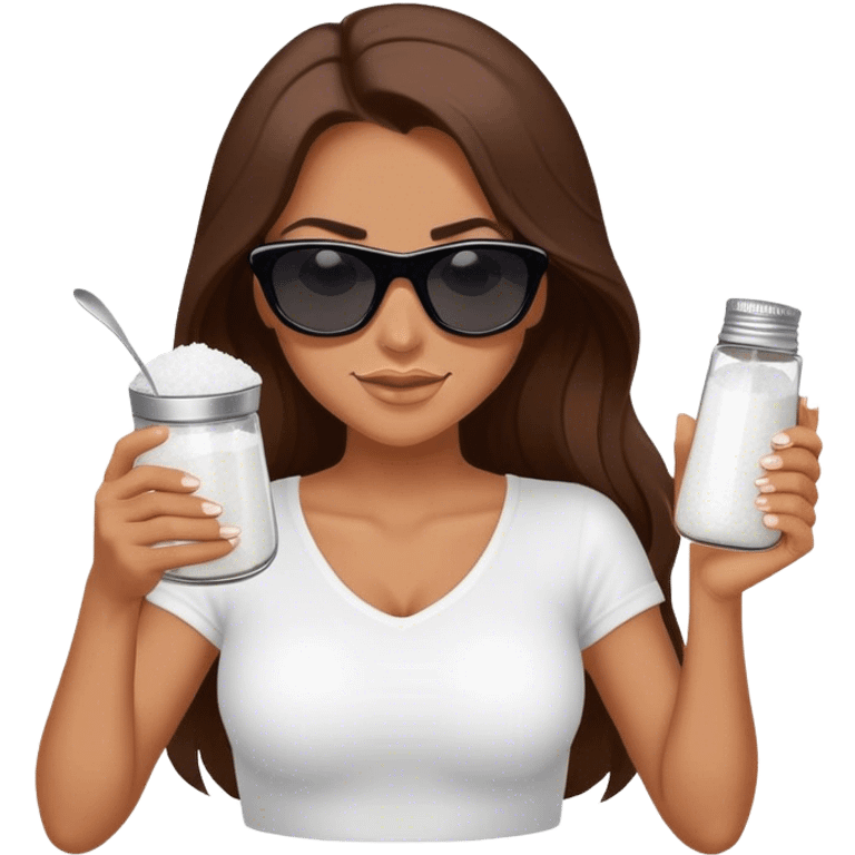 devious woman with long brown hair, tan skin, and dark sunglasses holding a salt shaker filled with white table salt. She is sprinkling the salt out from the shaker with a smirking expression, not smiling emoji