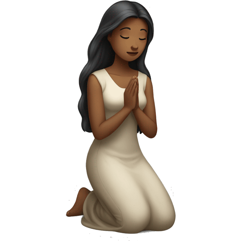 A woman kneeling praying, in a long dress, long dark brown hair emoji